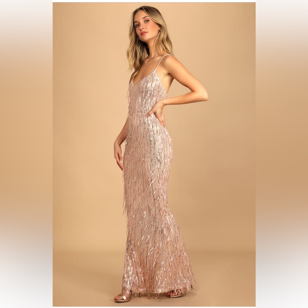 Iulus endless festivities rose gold sequin fringe lace up maxi dress